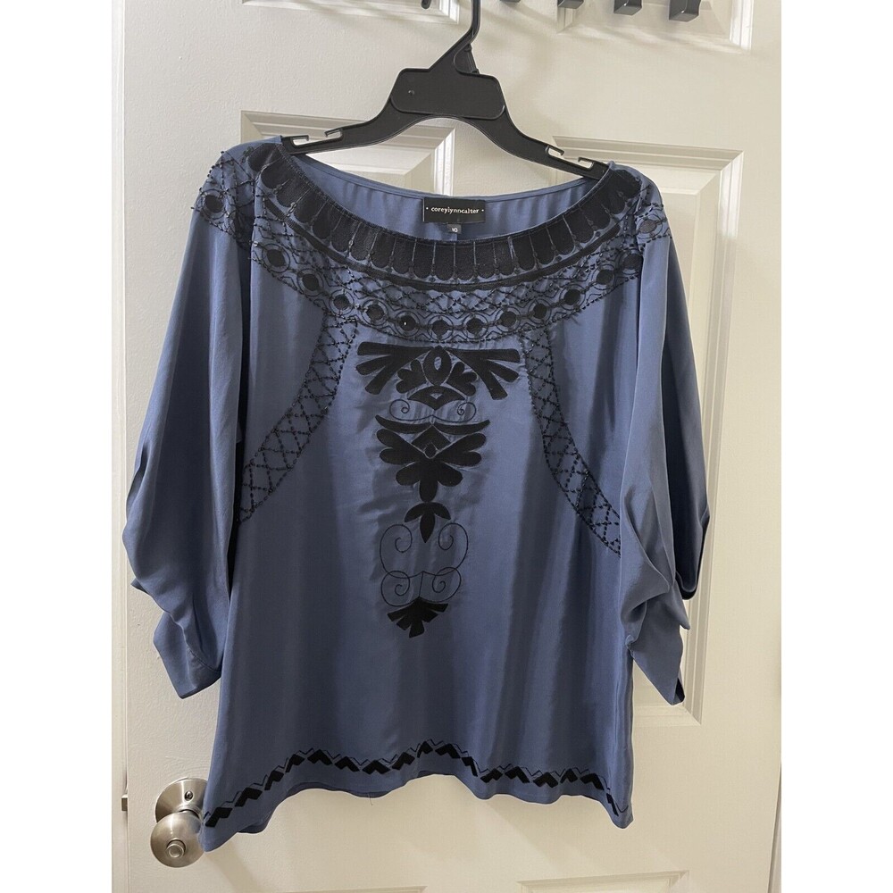 Corey Lynn Calter Navy Silk Black Embroidered Boat Neckline Blouse  10